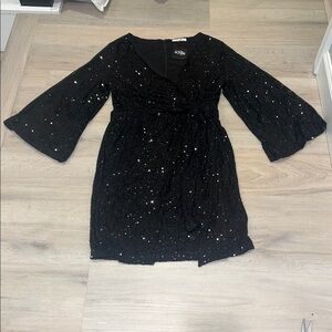 NWT Boutique black sequins faux Wrap Mini Party Dress bell sleeve cocktail vneck